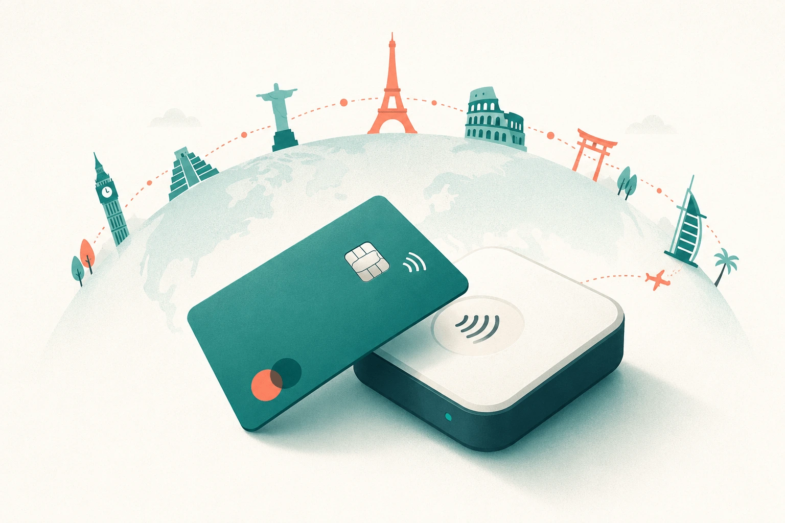Illustration of a payment card tapping a contactless terminal while travelling abroad