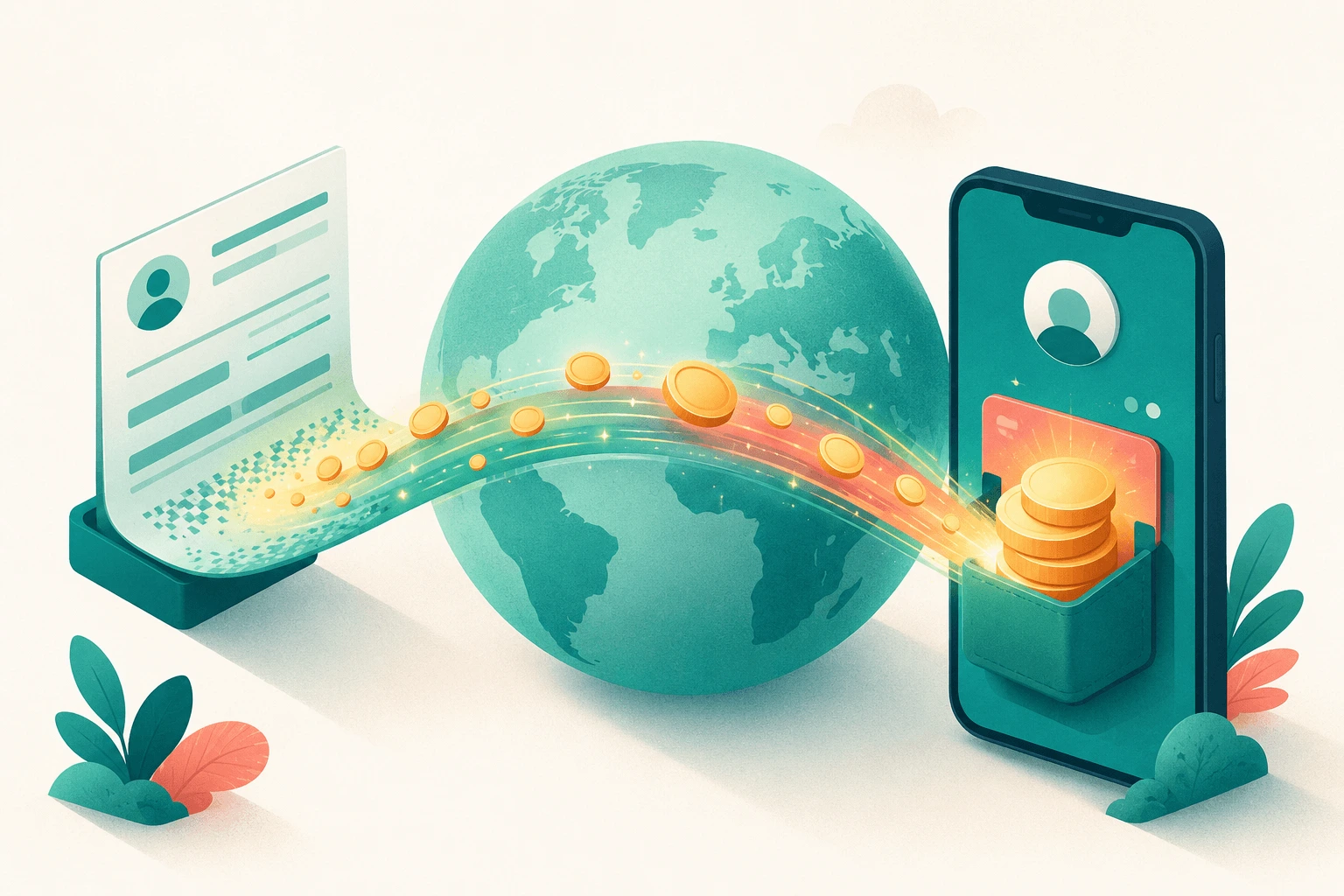 Illustration of a US paycheck flowing across a globe into a phone, representing a direct deposit received from abroad